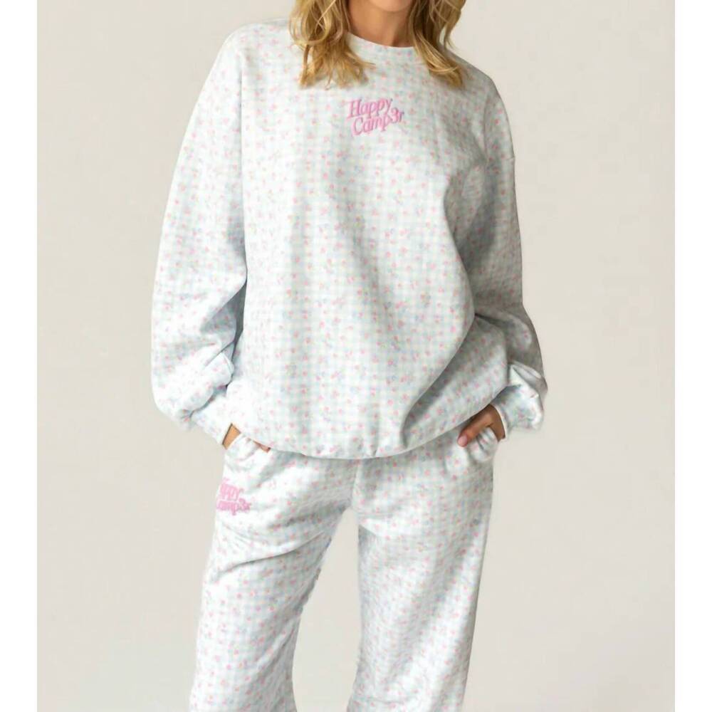 NEW THE HAPPY CAMP3R bluebell picnic crewneck sweatshirt in blue gingham